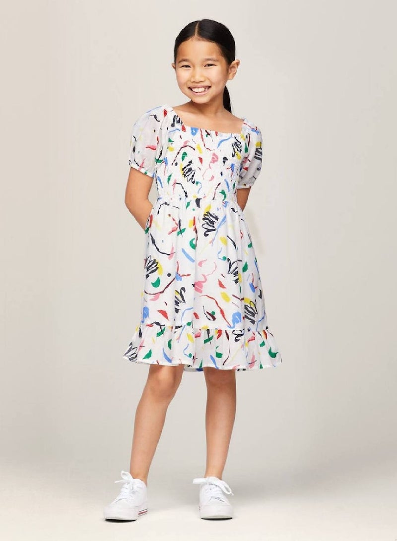 Girls' Abstract Print Smock Dress -  Pure organic cotton, Multicolor