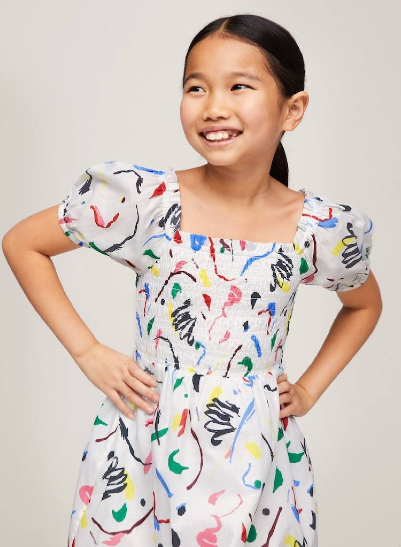 Girls' Abstract Print Smock Dress -  Pure organic cotton, Multicolor