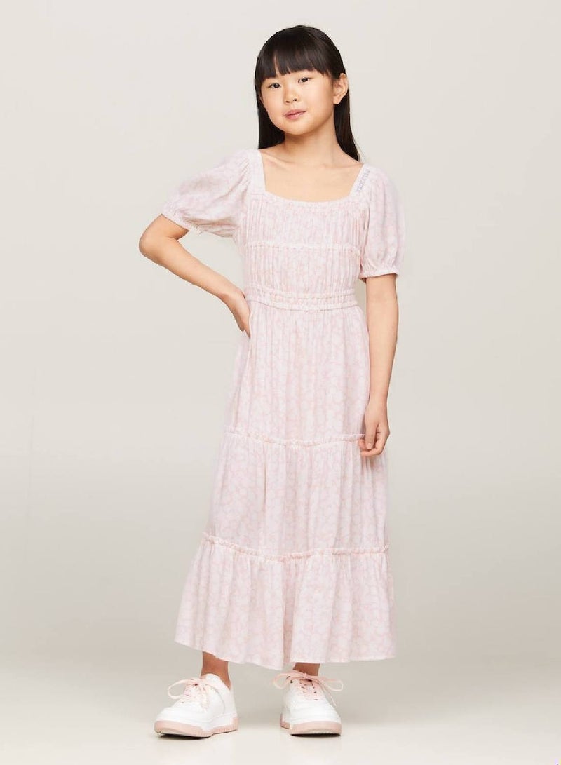Girls' Ditsy Floral Print Dress And Scrunchie Set -  Viscose, Pink