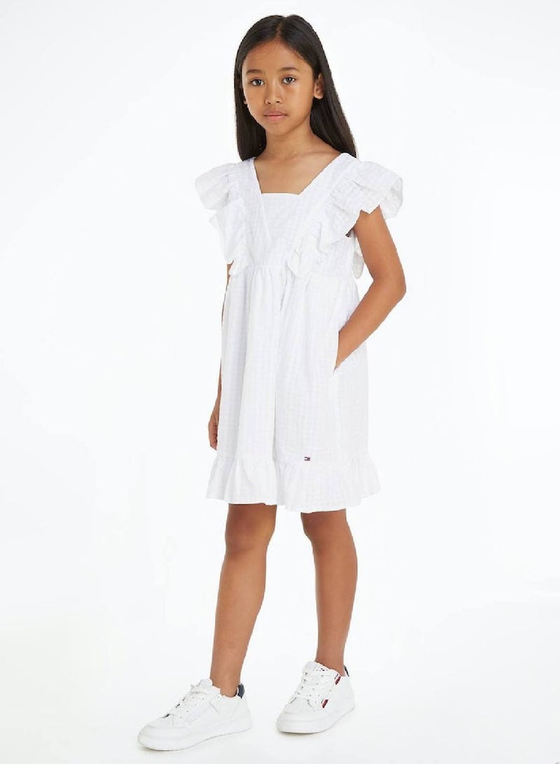 Girls' Seersucker Frill Fit And Flare Dress -  Pure cotton seersucker, White