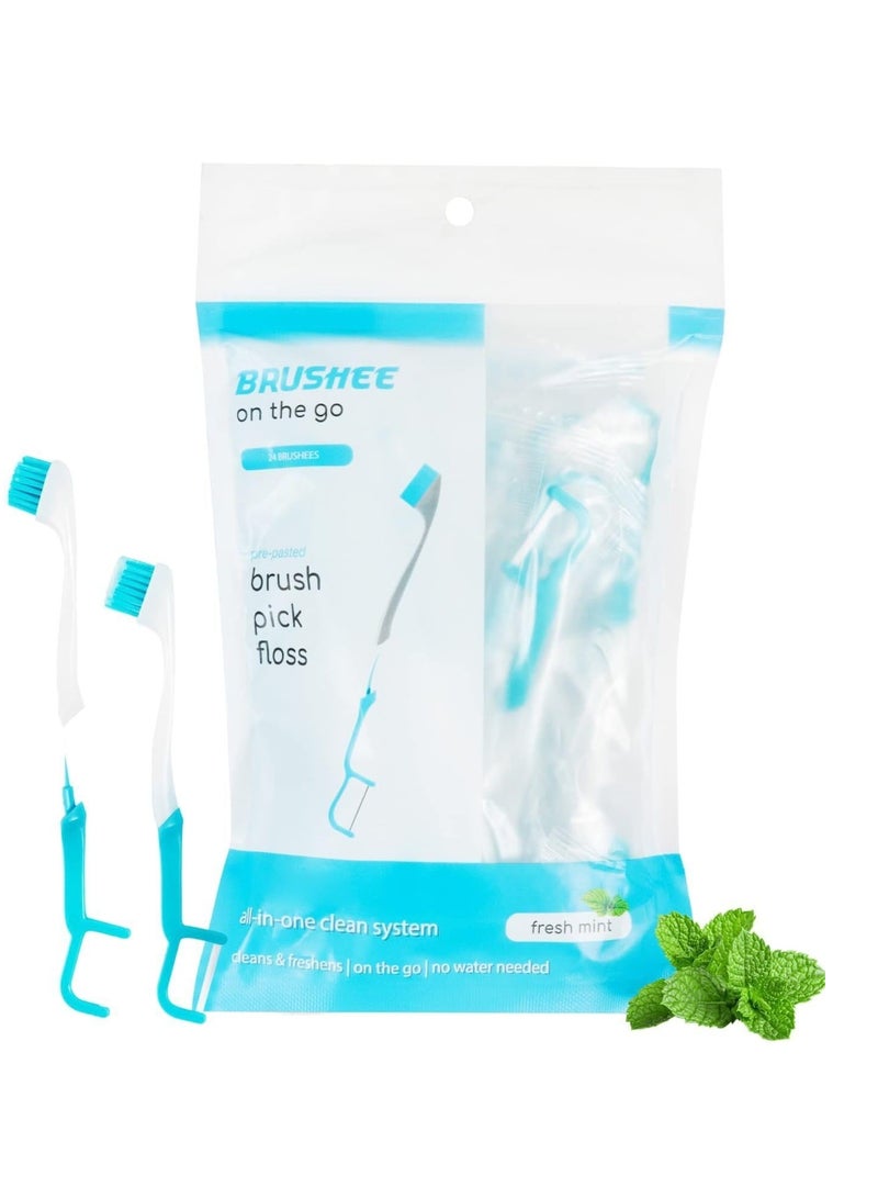 Brushee - The Evolution of Oral Care | 4-in-1 Tool (Paste + Brush + Floss + Pick) | Individually Wrapped | Disposable | Prepasted Travel Toothbrushes | Small Adult Toothbrush - (24-Pack)