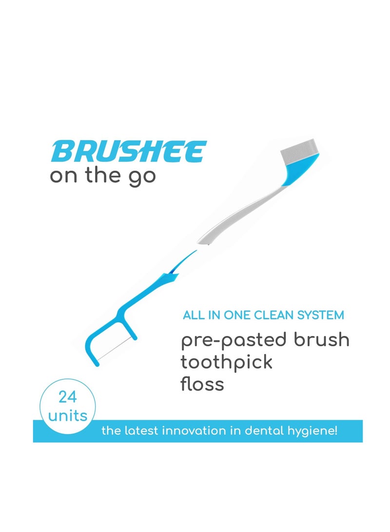 Brushee - The Evolution of Oral Care | 4-in-1 Tool (Paste + Brush + Floss + Pick) | Individually Wrapped | Disposable | Prepasted Travel Toothbrushes | Small Adult Toothbrush - (24-Pack)