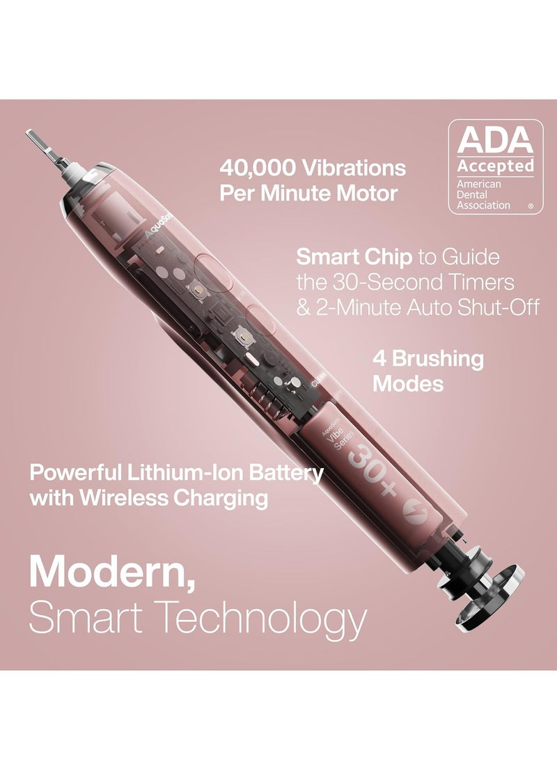 Aquasonic Vibe Series Ultra-Whitening Toothbrush – ADA Accepted Power Toothbrush - 8 Brush Heads & Travel Case – 40,000 VPM Motor & Wireless Charging - 4 Modes w Smart Timer – Satin Rose Gold