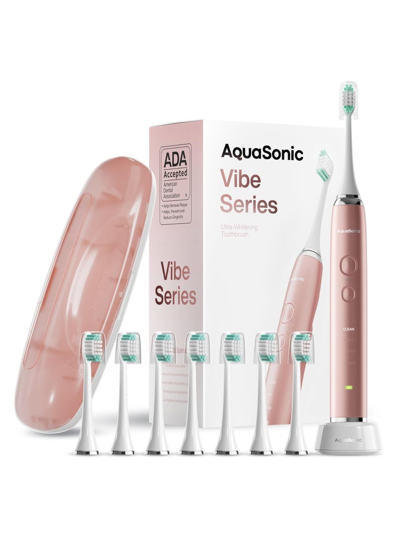 Aquasonic Vibe Series Ultra-Whitening Toothbrush – ADA Accepted Power Toothbrush - 8 Brush Heads & Travel Case – 40,000 VPM Motor & Wireless Charging - 4 Modes w Smart Timer – Satin Rose Gold