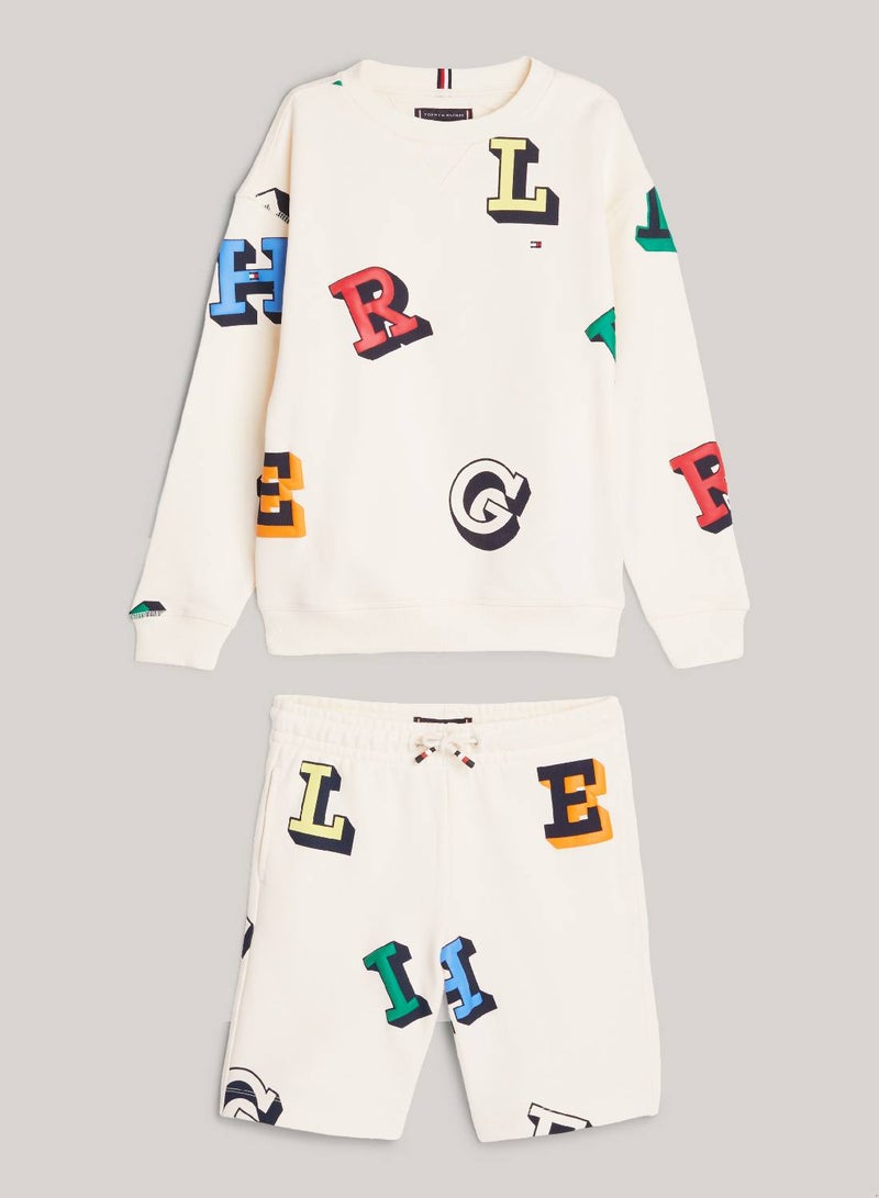 Boys' Hilfiger Monotype Sweatshirt And Sweat Shorts Set -  Pure cotton, Beige