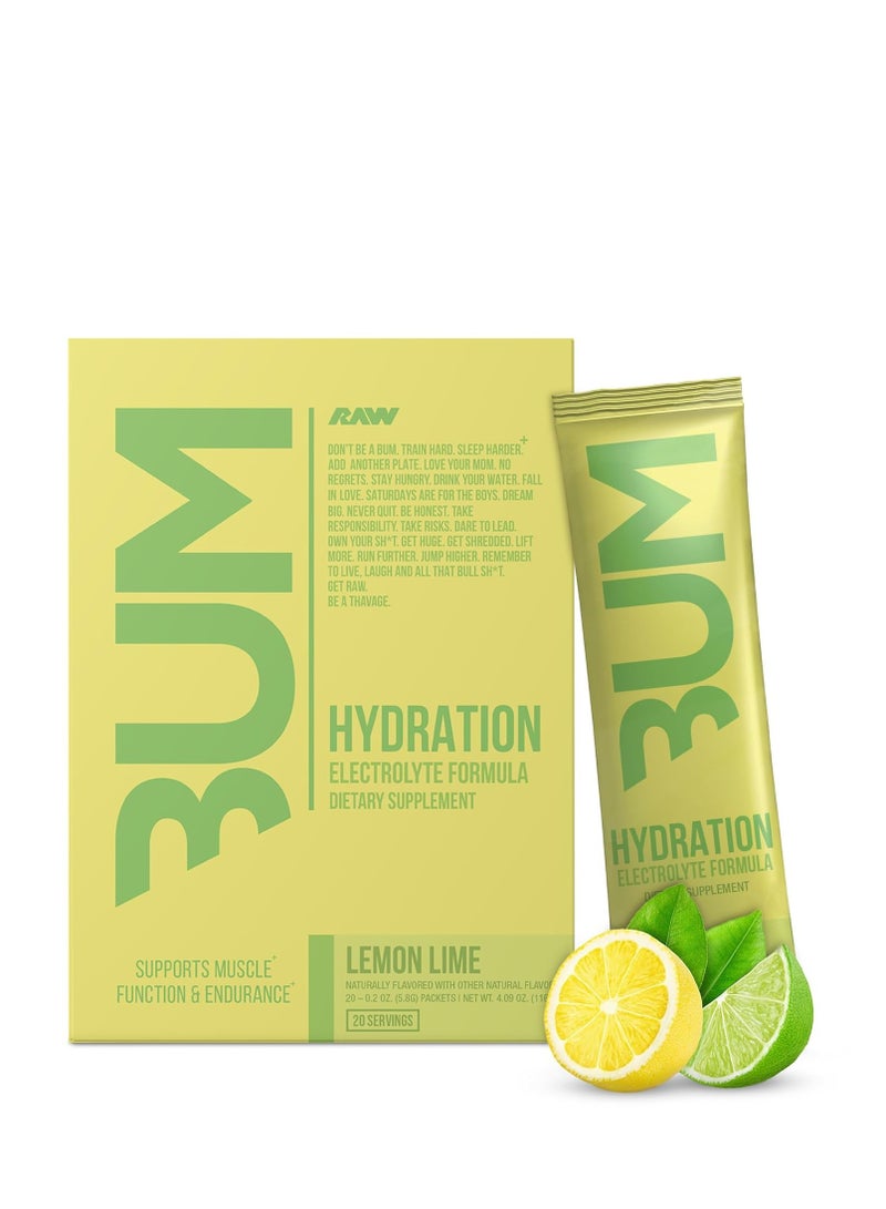 RAW Electrolytes BUM HYDRATE Powder - Supports Muscle Function & Endurance, On The Go for Athletes, Lemon and Lime, 20 Servings