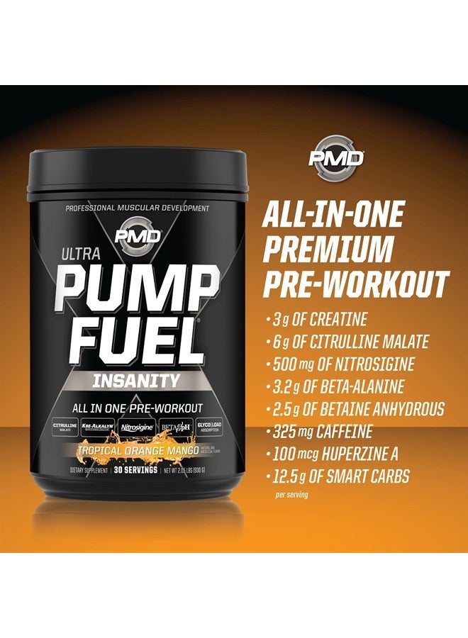 Sports Ultra Pump Fuel Insanity - Pre Workout Drink Mix for Energy, Strength, Endurance, Recovery - Complex Carbohydrates and Amino Energy - Tropical Orange Mango (30 Servings)