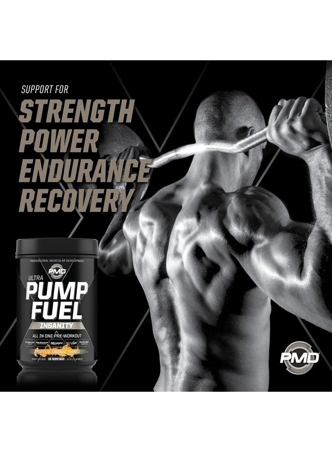 Sports Ultra Pump Fuel Insanity - Pre Workout Drink Mix for Energy, Strength, Endurance, Recovery - Complex Carbohydrates and Amino Energy - Tropical Orange Mango (30 Servings)