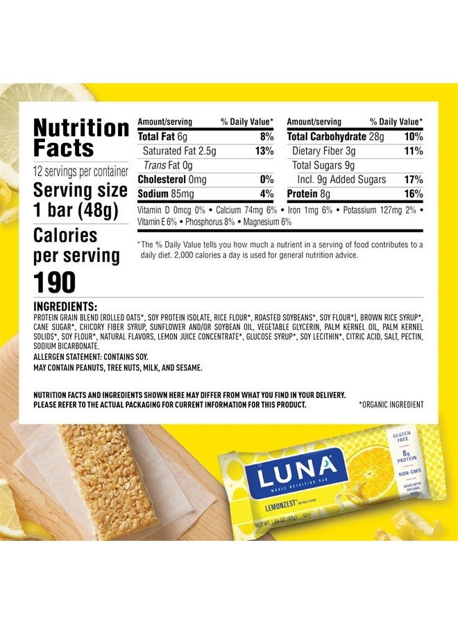 LUNA Bar - LemonZest Flavor - Gluten-Free - Non-GMO - 7-9g Protein - Made with Organic Oats - Low Glycemic - Whole Nutrition Snack Bars - 1.69 oz. (12 Pack)