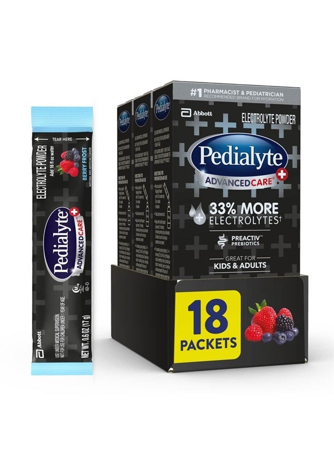 AdvancedCare Plus Electrolyte Powder, with 33% More Electrolytes and PreActive Prebiotics, Berry Frost, Drink Powder Packets, 0.6 oz, 18 Count