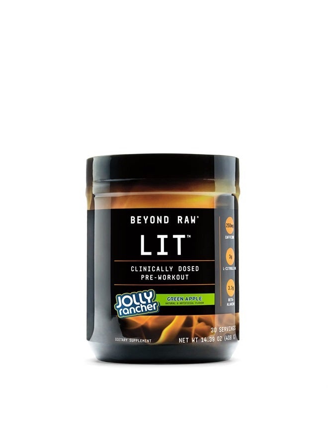 LIT | Clinically Dosed Pre-Workout Powder | Contains Caffeine, L-Citruline, and Beta-Alanine, Nitrix Oxide and Preworkout Supplement | Jolly Rancher Green Apple | 30 Servings