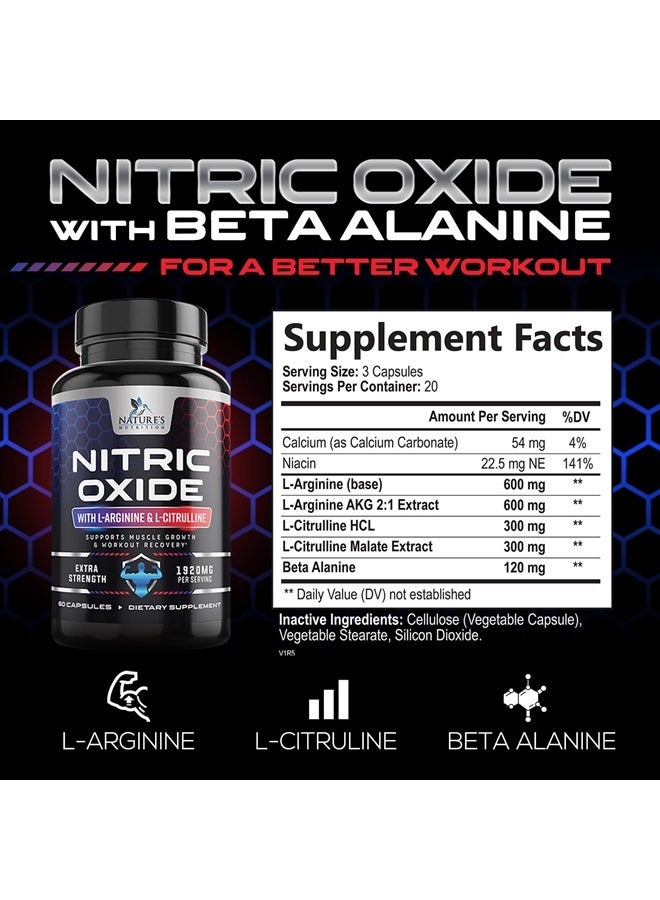 Extra Strength Nitric Oxide Supplement L Arginine 3X Strength - Citrulline Malate, AAKG, Beta Alanine - Premium Muscle Supporting Nitric Oxide Booster for Strength & Energy - 60 Nitric Oxide Capsules