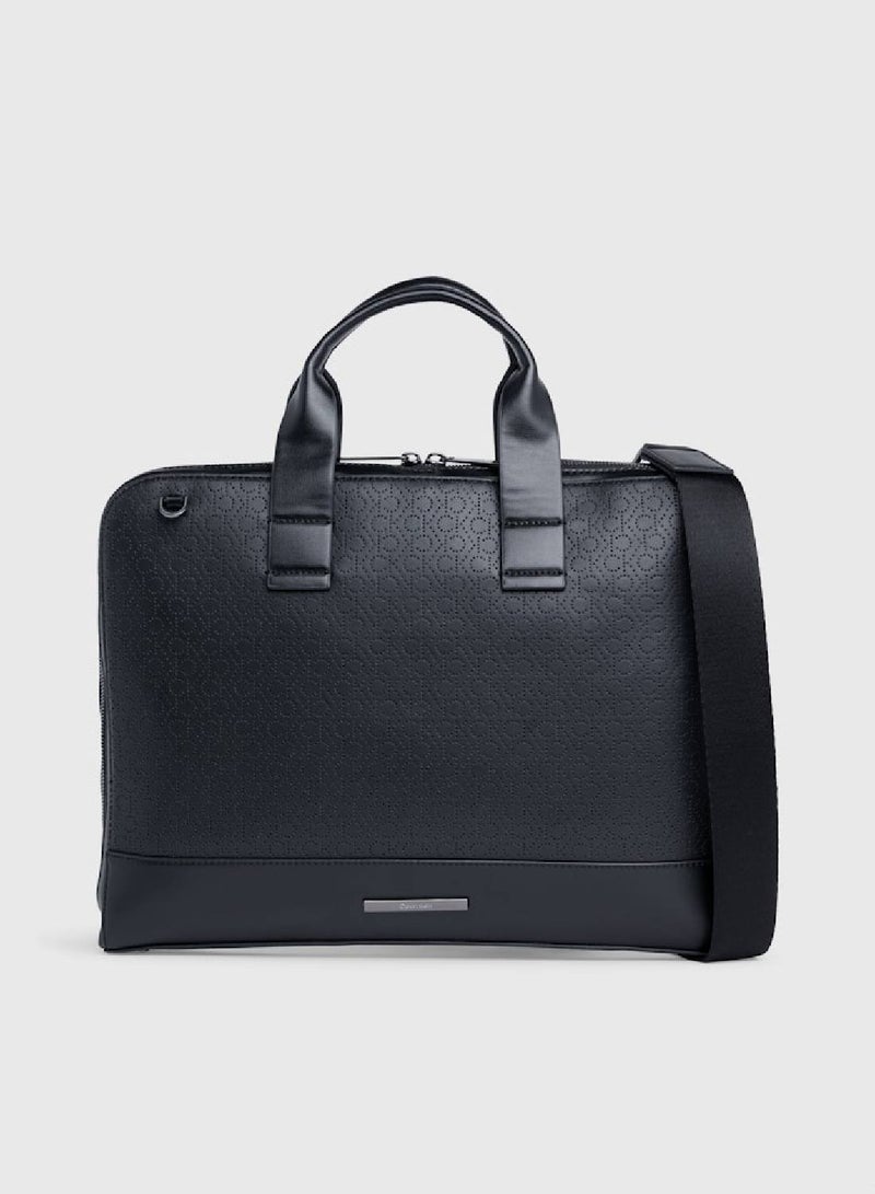 Men's Slim Logo Laptop Bag -  recycled blend faux leather exterior, Black