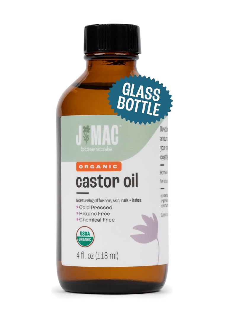 J MAC BOTANICALS Organic Castor Oil Cold Pressed (Glass Bottle, 4 oz, NO DROPPER), pure hexane free castor oil for face, skin, eyelashes