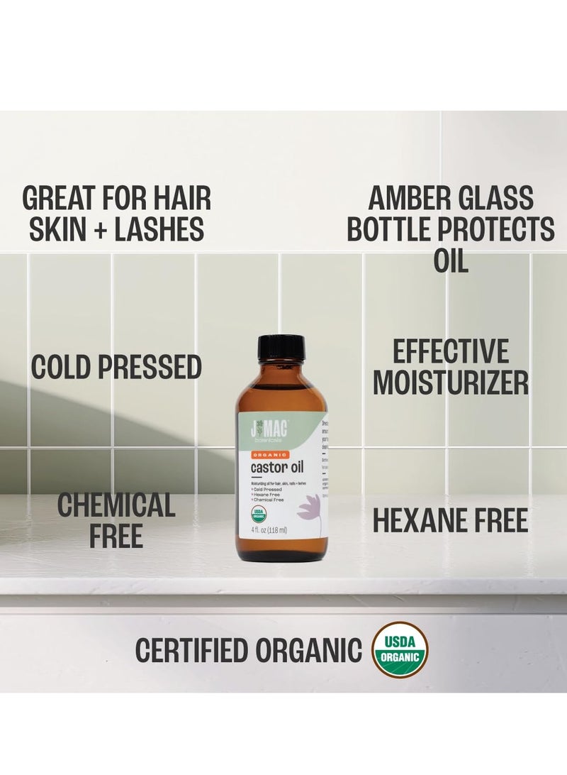 J MAC BOTANICALS Organic Castor Oil Cold Pressed (Glass Bottle, 4 oz, NO DROPPER), pure hexane free castor oil for face, skin, eyelashes