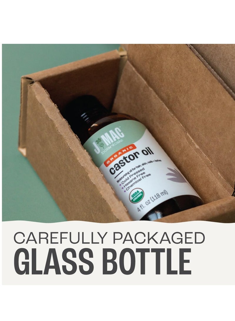 J MAC BOTANICALS Organic Castor Oil Cold Pressed (Glass Bottle, 4 oz, NO DROPPER), pure hexane free castor oil for face, skin, eyelashes