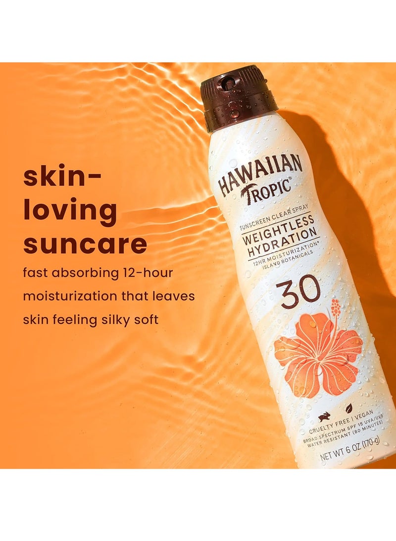 Hawaiian Tropic Weightless Hydration Clear Spray Sunscreen SPF 30, 6oz Twin Pack | Hawaiian Tropic Sunscreen SPF 30, Sunblock, Oxybenzone Free Sunscreen, Spray On Sunscreen Pack, 6oz each