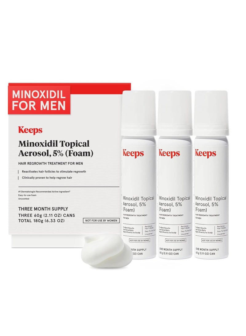 Keeps Extra Strength Minoxidil for Men Topical Aerosol Foam 5%, Hair Growth Treatment - 3 Month Supply (3 x 2.11oz Bottles) - Thicker, Longer Hair - Slows Hair Loss & Promotes Hair Regrowth