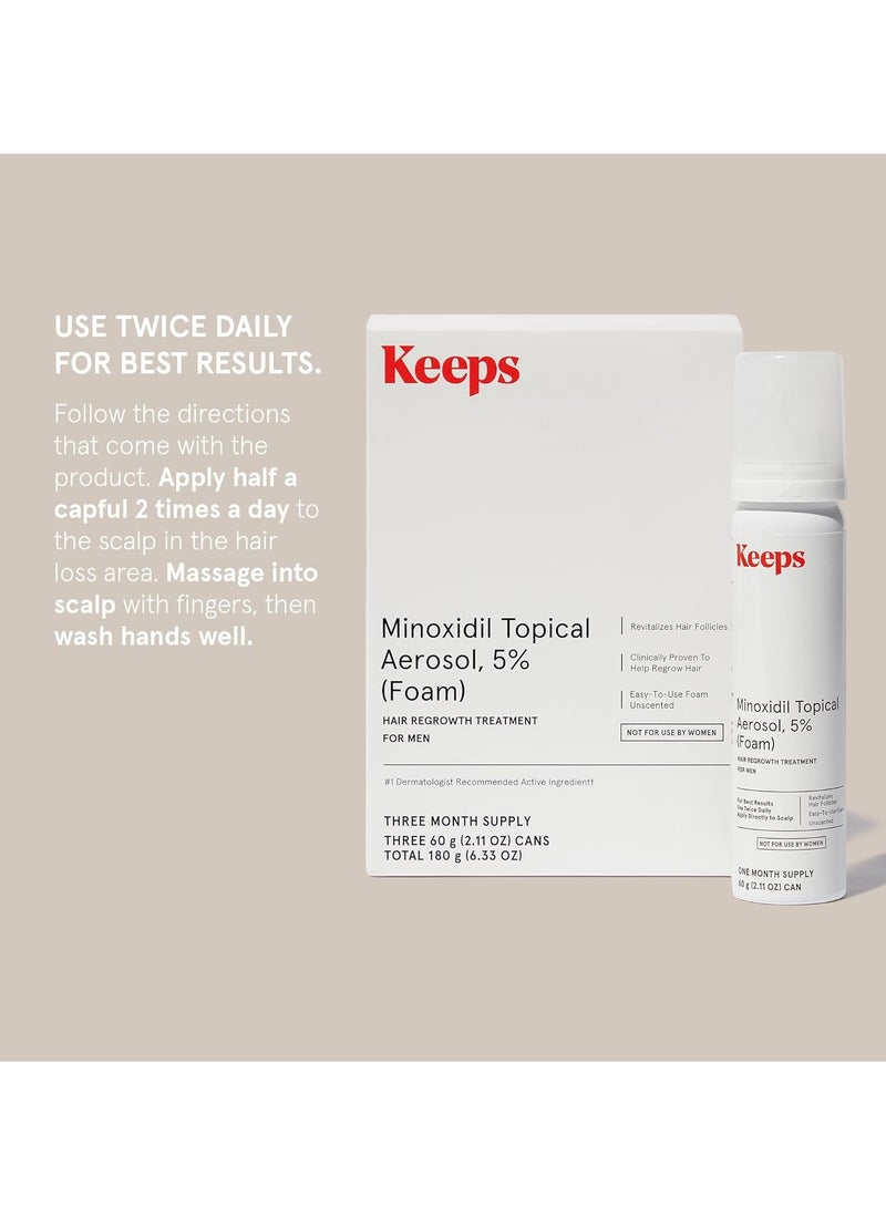 Keeps Extra Strength Minoxidil for Men Topical Aerosol Foam 5%, Hair Growth Treatment - 3 Month Supply (3 x 2.11oz Bottles) - Thicker, Longer Hair - Slows Hair Loss & Promotes Hair Regrowth