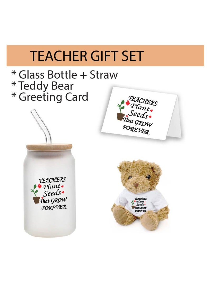 Teacher's Day Pack of 3 Combo Pack - Glass Bottle, Teddy Bear and Greeting Card - Reusable Bottle - Teacher's Day Gift Set - Gift for World Teachers Day