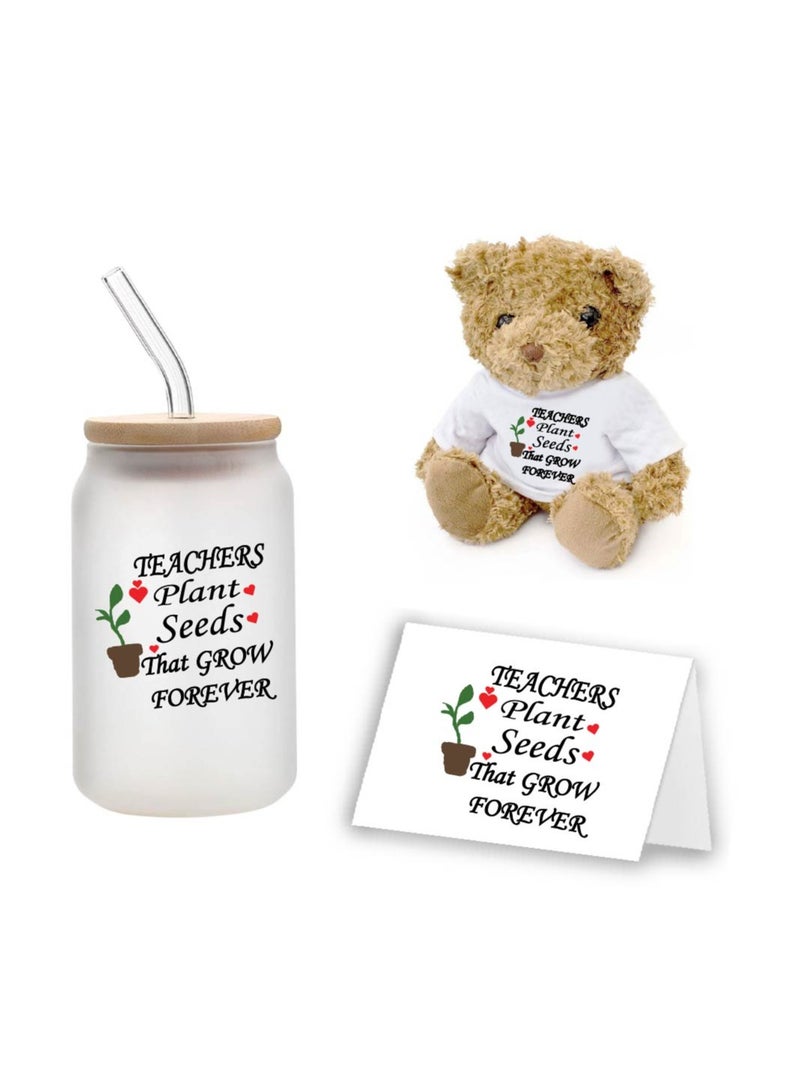 Teacher's Day Pack of 3 Combo Pack - Glass Bottle, Teddy Bear and Greeting Card - Reusable Bottle - Teacher's Day Gift Set - Gift for World Teachers Day