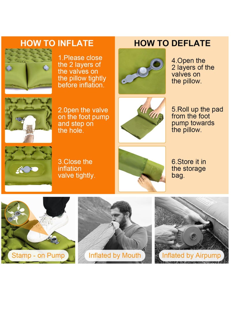 Camping Sleeping Pad, Ultralight Self Inflating Camping Pad 2 Person with Pillow Built-in Foot Pump for Camping, Hiking - Airpad, Carry Bag