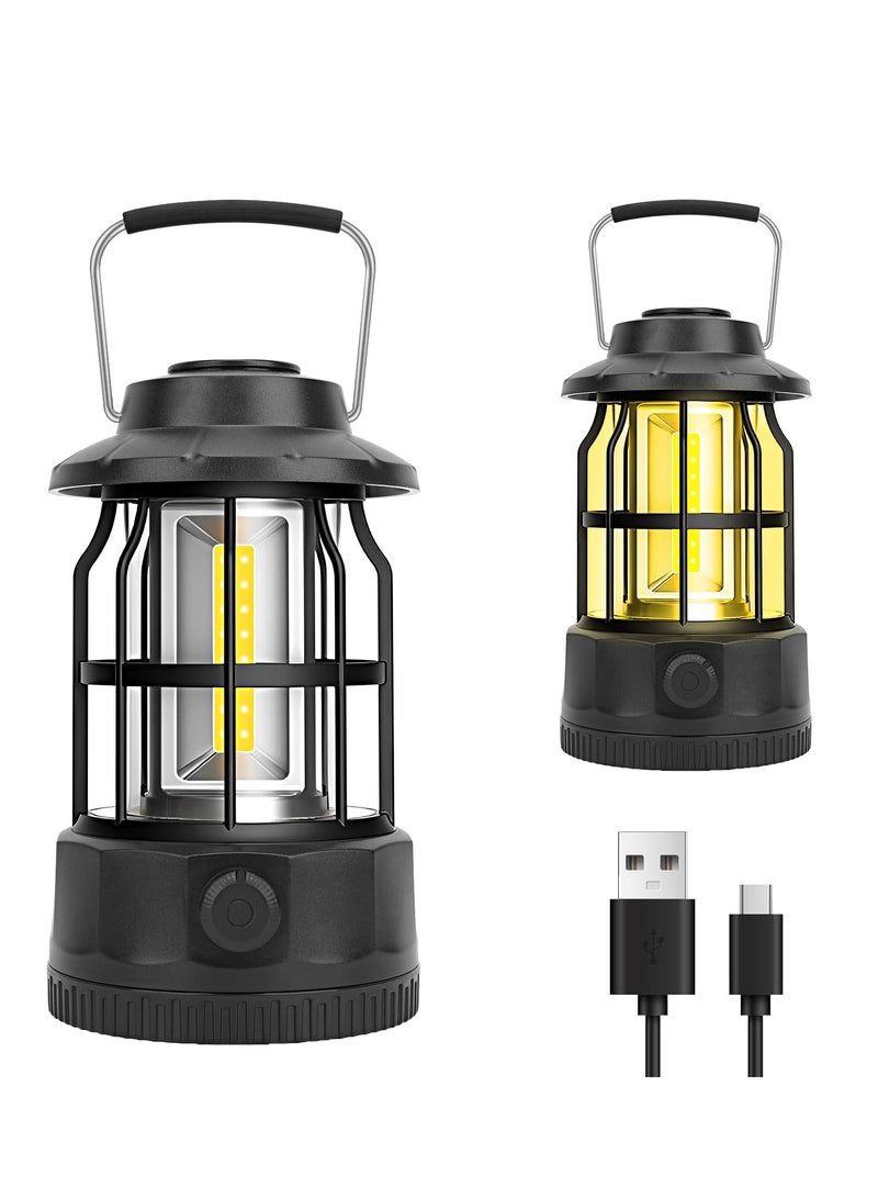 Camping Lantern, Rechargeable USB Powered, Stepless Dimmer, Metal Retro Camping Light, Waterproof Hanging LED Vintage Tent Lamp for Outdoor Hiking Fishing Emergency (Black)