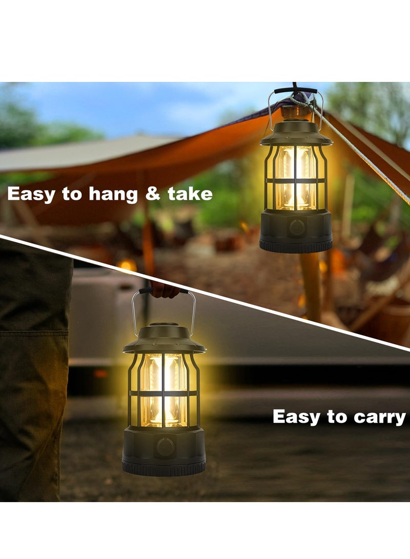 Camping Lantern, Rechargeable USB Powered, Stepless Dimmer, Metal Retro Camping Light, Waterproof Hanging LED Vintage Tent Lamp for Outdoor Hiking Fishing Emergency (Black)