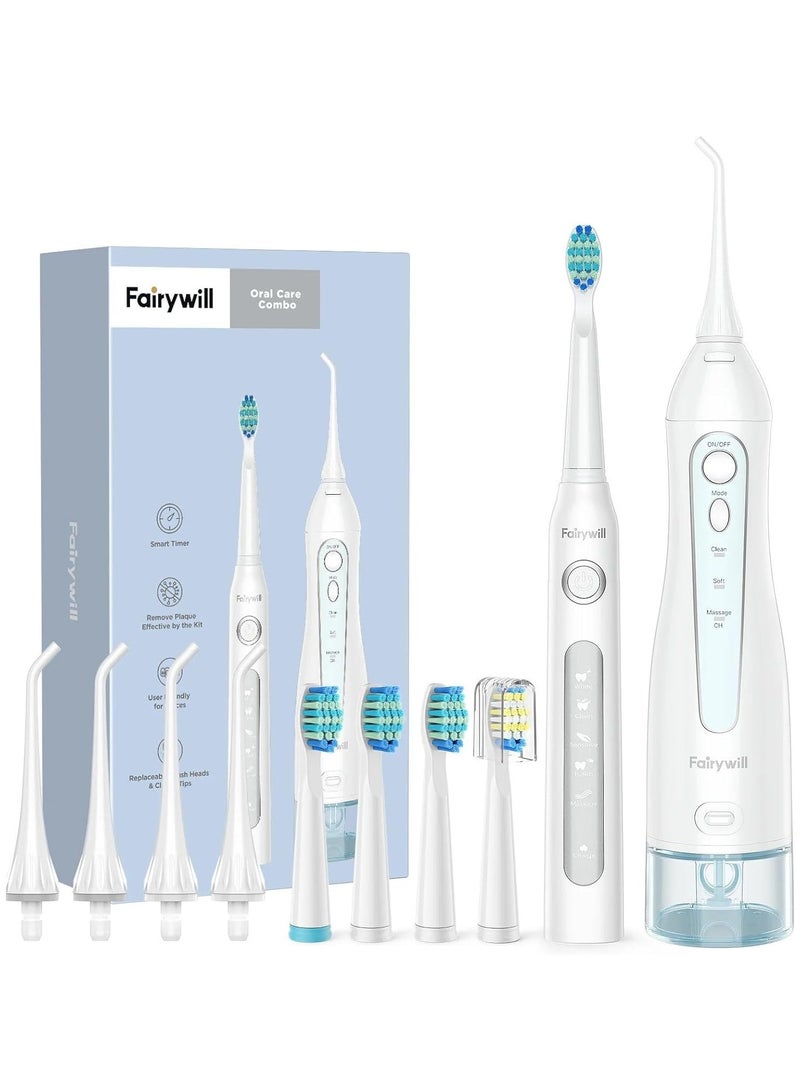 Electric Toothbrush & Water Flosser, Best Electric Toothbrush Set with Waterproof Flosser, Oral Set with 4 Brush Heads, Oral set with 5 Brushing Modes, Dental Water Flosser, Rechargeable White