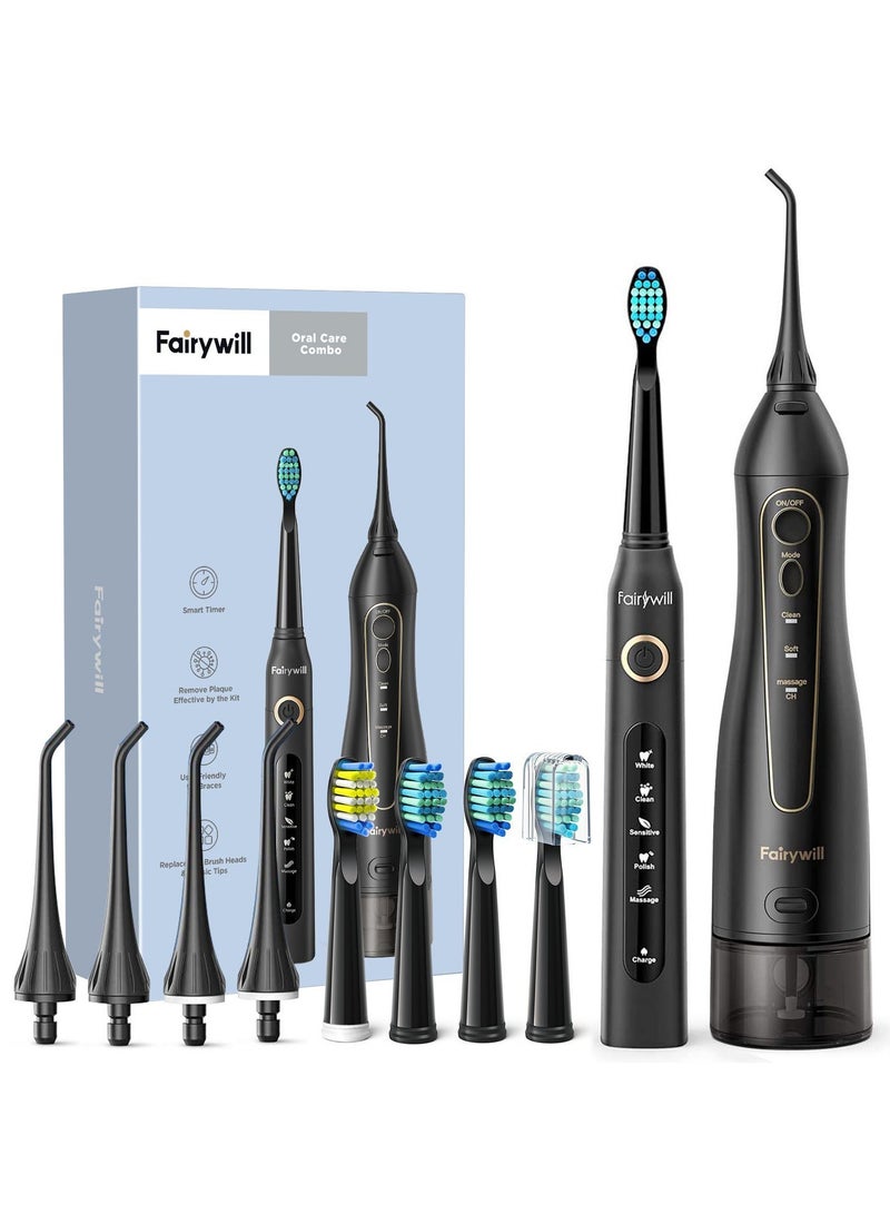 Electric Toothbrush & Water Flosser, Best Electric Toothbrush Set with Waterproof Flosser, Oral Set with 4 Brush Heads, Oral set with 5 Brushing Modes, Dental Water Flosser, Rechargeable Black