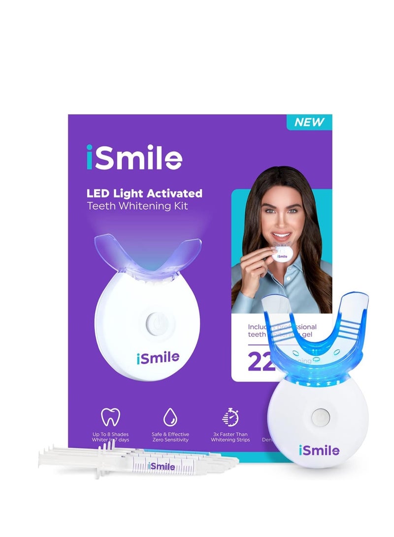 iSmile Teeth Whitening Kit - LED Light, 35% Carbamide Peroxide, (3) 3ml Gel Syringes, (1) Remineralization Gel, and Tray.