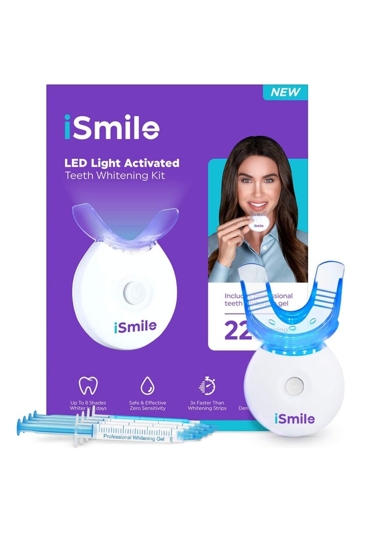 iSmile Teeth Whitening Kit - LED Light, 35% Carbamide Peroxide, (3) 3ml Gel Syringes, (1) Remineralization Gel, and Tray.