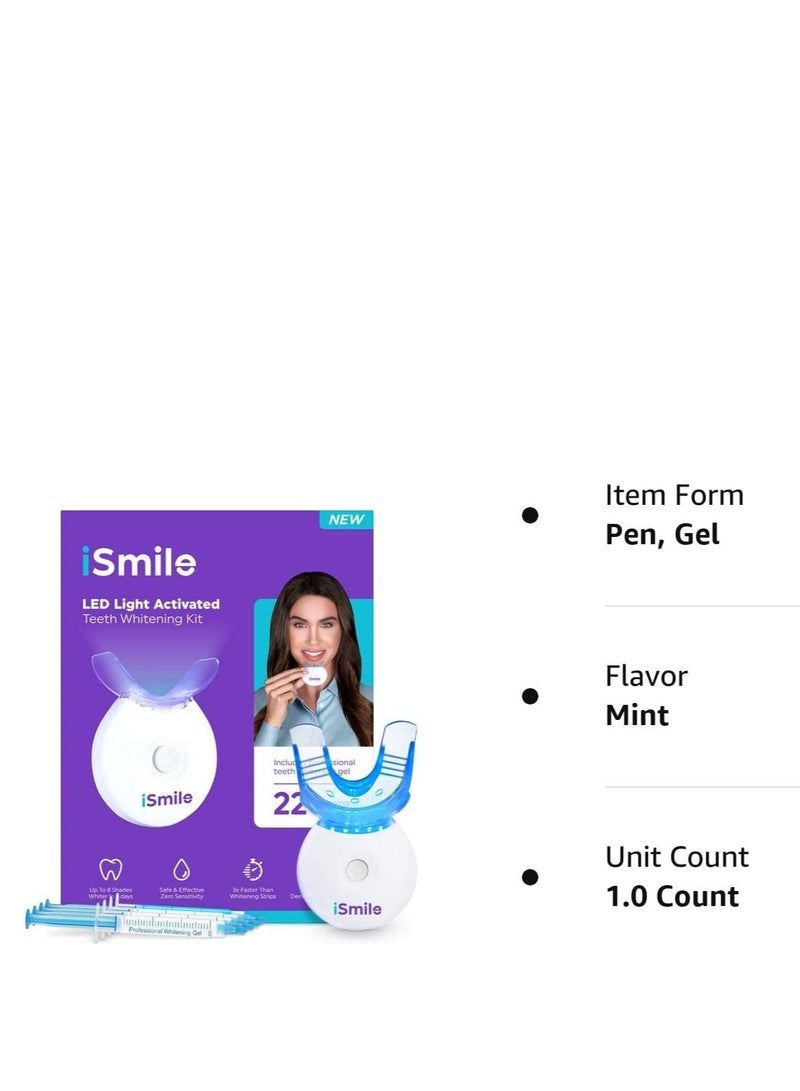 iSmile Teeth Whitening Kit - LED Light, 35% Carbamide Peroxide, (3) 3ml Gel Syringes, (1) Remineralization Gel, and Tray.