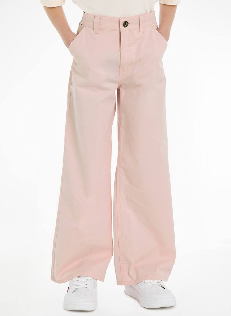 Girls' Essential Wide Leg Chino Trousers -  Stretch organic cotton, Pink