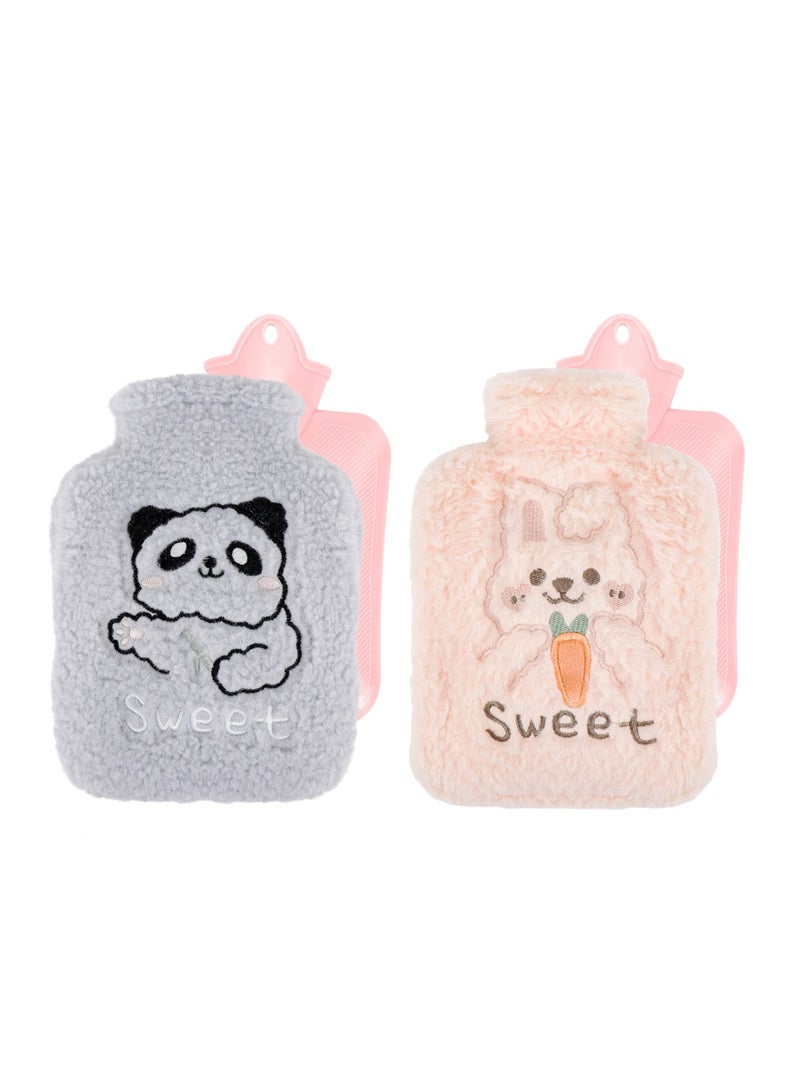 2 Pack Hot Water Bottle with Plush Soft Cover, 500ML Small Cold Mini Natural Rubber Filled Heating Lovely and Reusable Bag for Women Seniors Children
