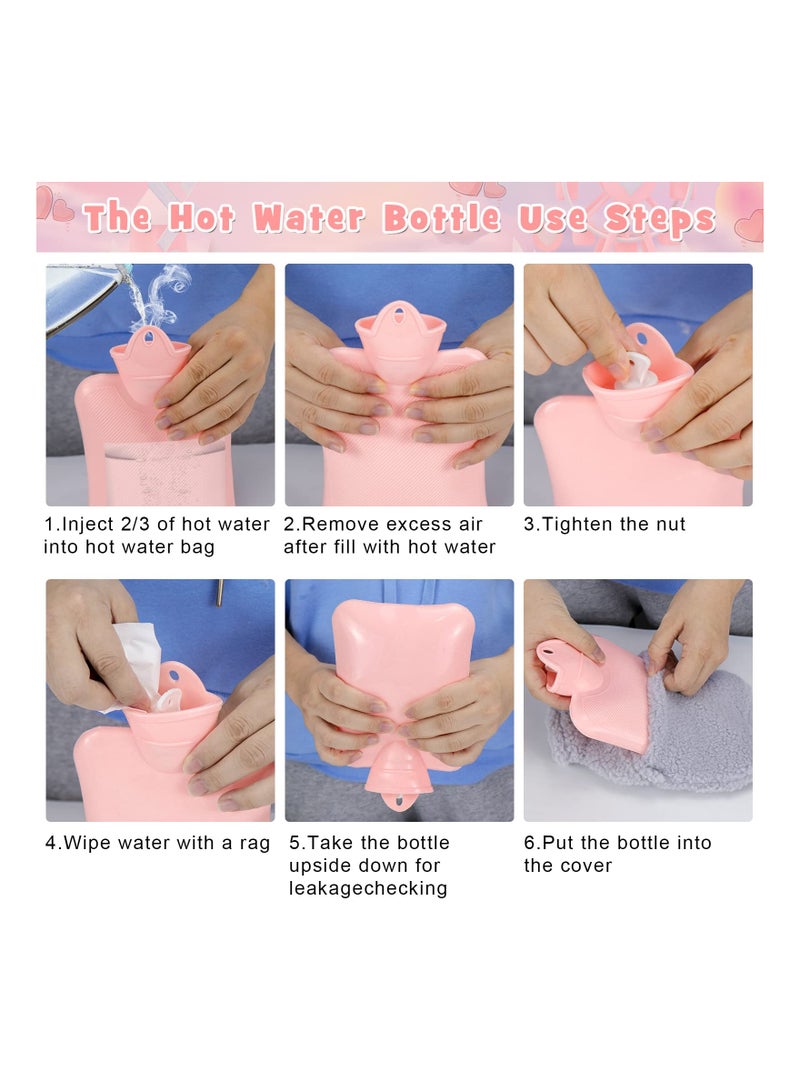 2 Pack Hot Water Bottle with Plush Soft Cover, 500ML Small Cold Mini Natural Rubber Filled Heating Lovely and Reusable Bag for Women Seniors Children