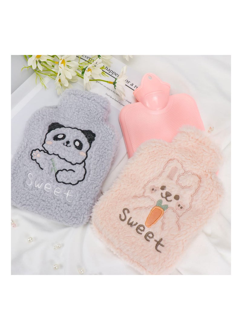 2 Pack Hot Water Bottle with Plush Soft Cover, 500ML Small Cold Mini Natural Rubber Filled Heating Lovely and Reusable Bag for Women Seniors Children