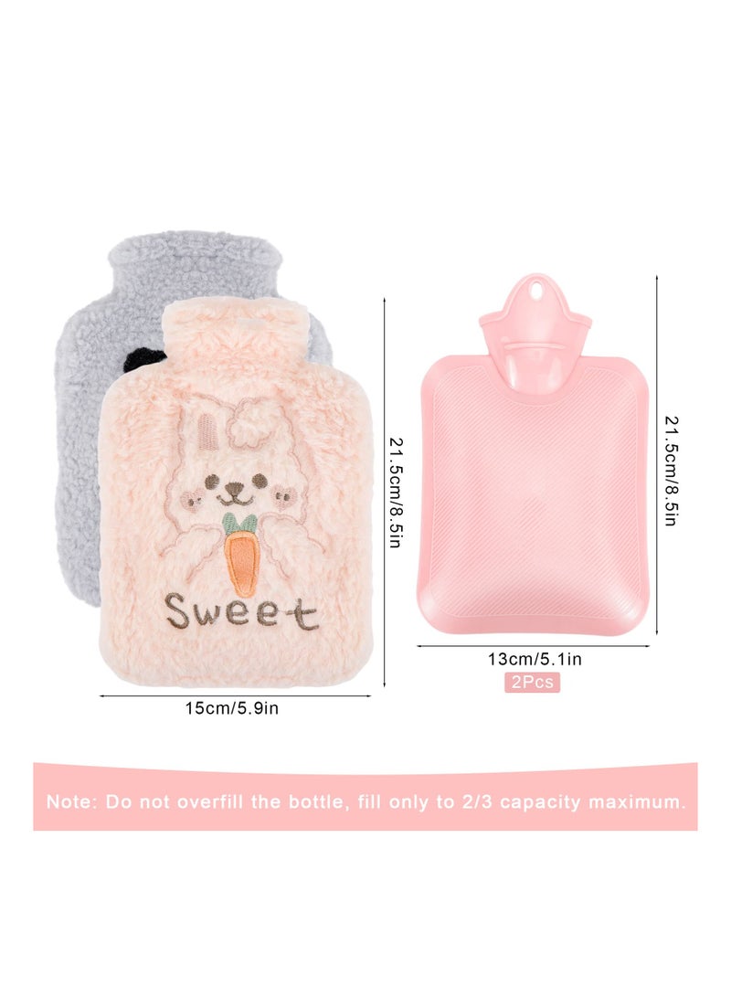 2 Pack Hot Water Bottle with Plush Soft Cover, 500ML Small Cold Mini Natural Rubber Filled Heating Lovely and Reusable Bag for Women Seniors Children