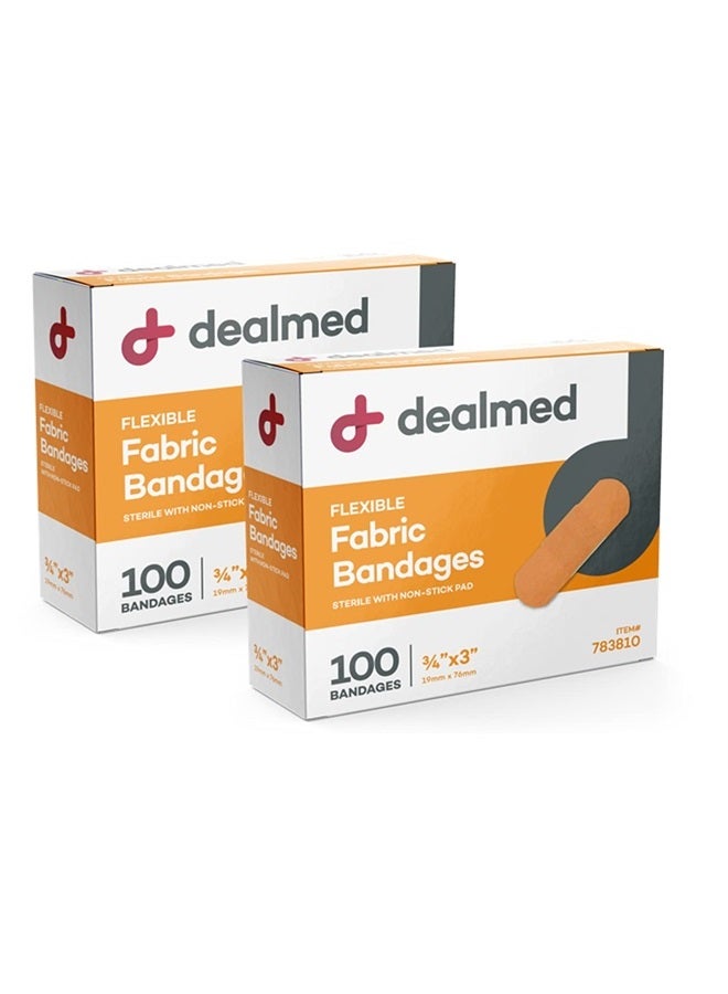 Fabric Flexible Adhesive Bandages – 100 Count (2 Pack) Bandages with Non-Stick Pad, Latex Free, Wound Care for First Aid Kit, 3