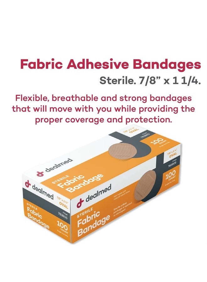 Fabric Oval Flexible Adhesive Bandages – 100 Count (1 Pack) Bandages with Non-Stick Pad, Latex Free, Wound Care for First Aid Kit, 7/8