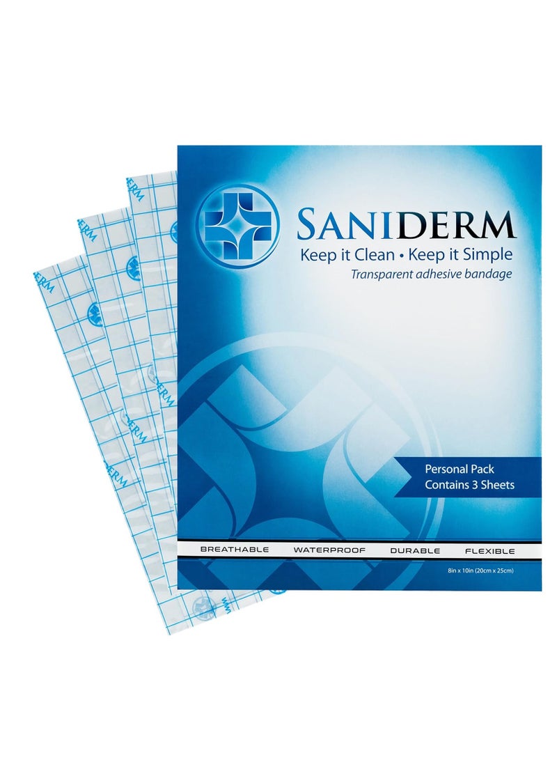 Saniderm Tattoo Aftercare Bandage 3 Sheets (Large Pack, 8 in x 10 in) – Convenient, Faster Tattoo Healing and Protection – Sterile, Waterproof, and Latex-Free