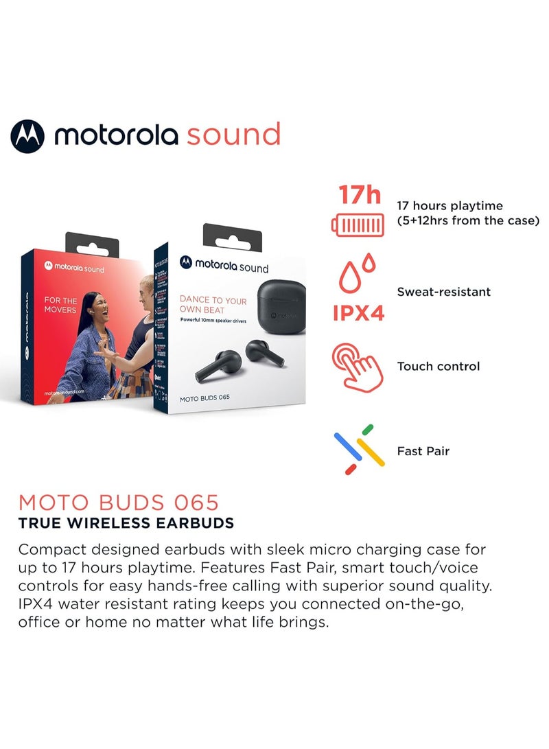 Moto Buds 065 True Wireless Ear Buds Noise Isolation And 17 Hours Playtime Touch Control On Both Earbuds IPX4 Water Resistant ENC mic for Clear Voice Calls Black
