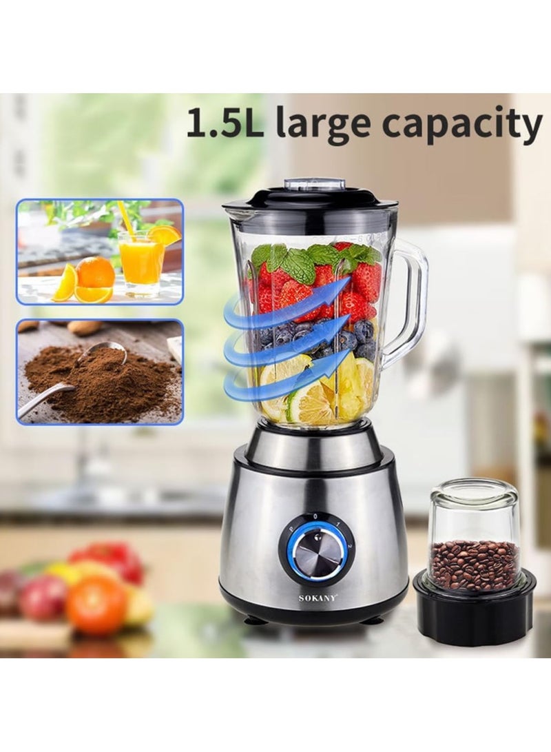 2 in 1 Smoothie Blender/Grinder, 2 Speed, 1.5L Blender Mixer with 0.3L Jar for Grinding, Ice Crush Function, Stainless Steel Blade (SK-155)