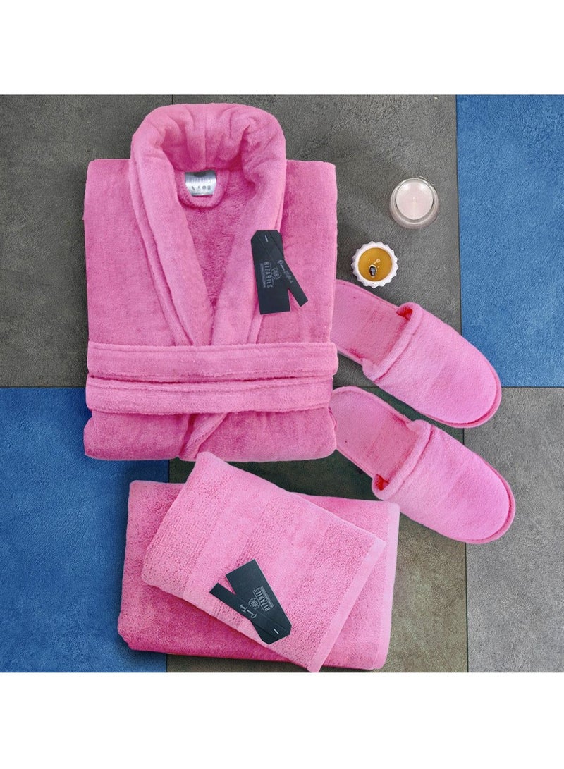 Luxury Bathrobe - 100% Soft Velour Cotton - Lite Pink- 4 Pieces set - Unisex