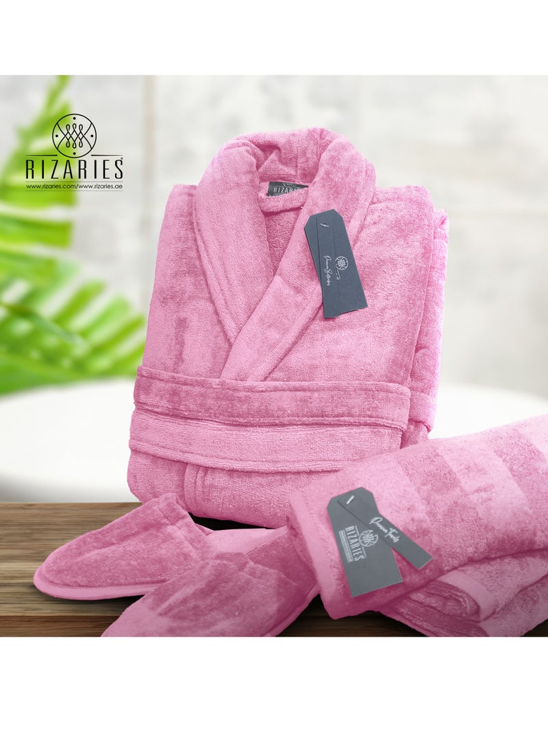 Luxury Bathrobe - 100% Soft Velour Cotton - Lite Pink- 4 Pieces set - Unisex