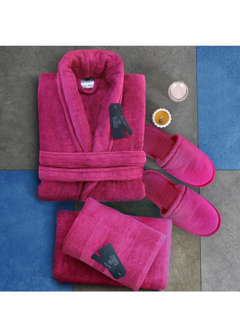 Luxury Bathrobe - 100% Soft Velour Cotton - Dark Pink- 4 Pieces set - Unisex