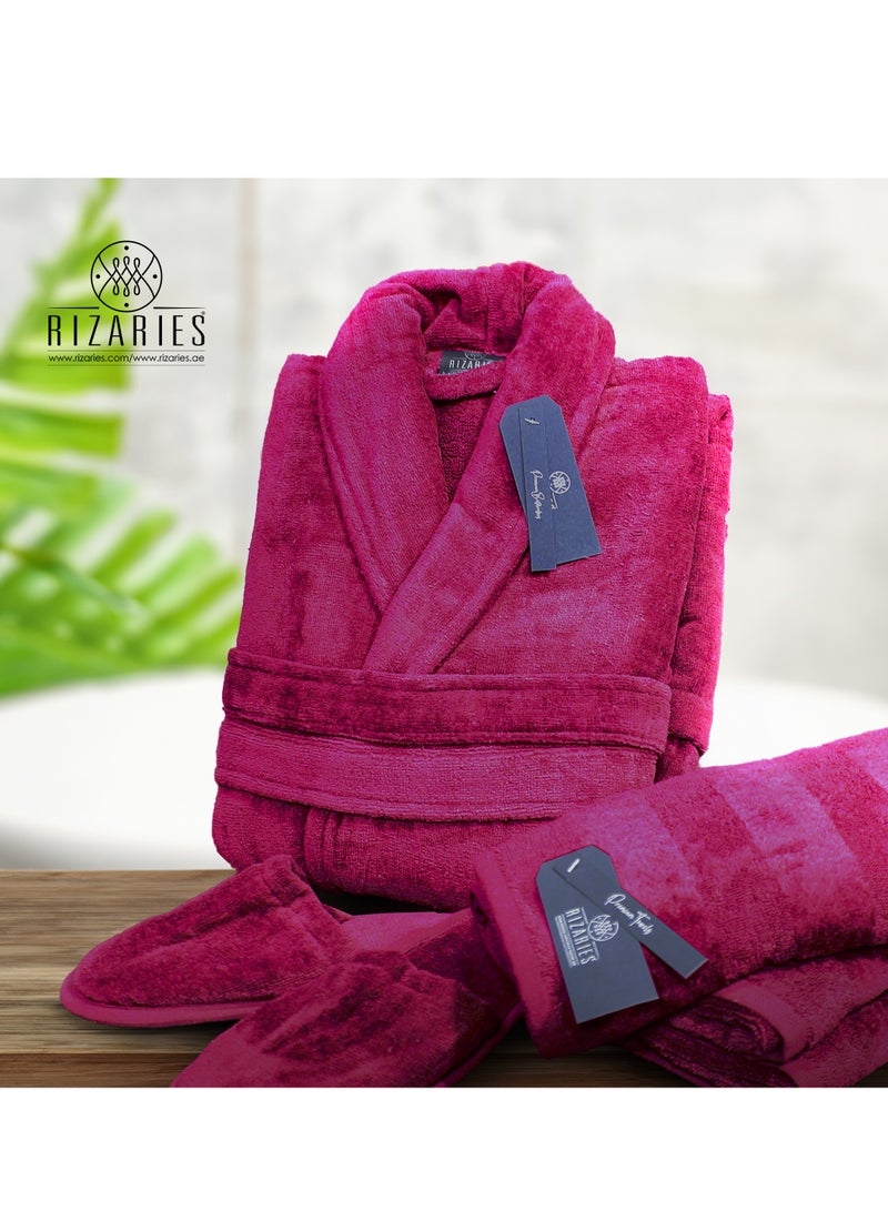 Luxury Bathrobe - 100% Soft Velour Cotton - Dark Pink- 4 Pieces set - Unisex