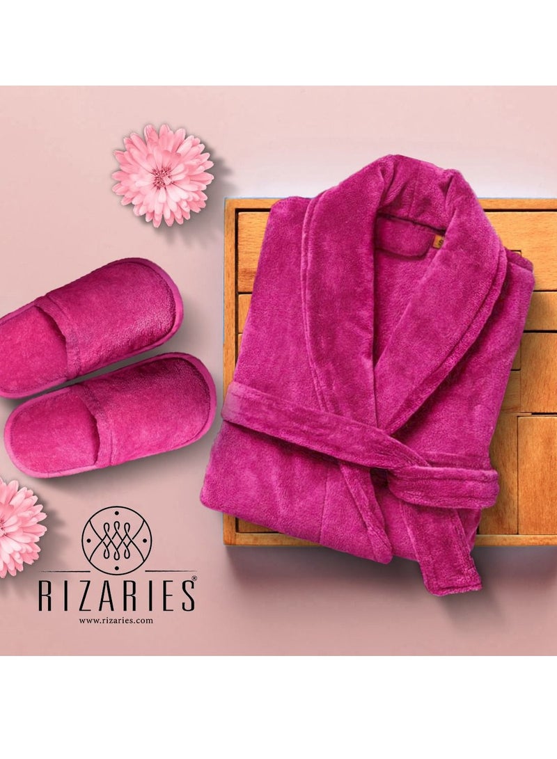 Luxury Bathrobe - 100% Soft Velour Cotton - Dark Pink- 4 Pieces set - Unisex