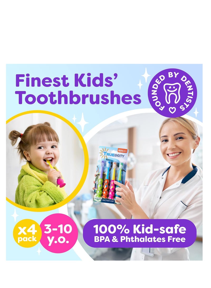 Kids Toothbrush 4 Pack - Soft Bristles with Suction Cup - Toothbrush Kids, Child Sized Brush Heads (3-10 Year Old) Kid Toothbrush with Easy Storage - Toddler, Girl & Boy Set (4-Pack, Multi-Color)