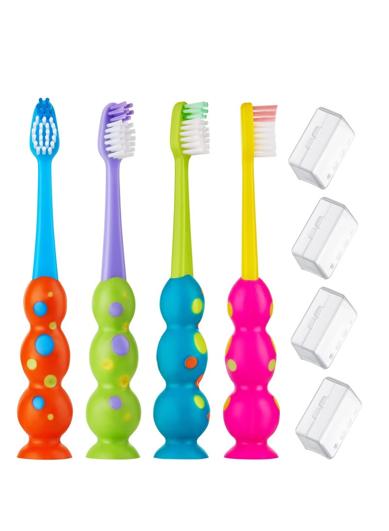 Kids Toothbrush 4 Pack - Soft Bristles with Suction Cup - Toothbrush Kids, Child Sized Brush Heads (3-10 Year Old) Kid Toothbrush with Easy Storage - Toddler, Girl & Boy Set (4-Pack, Multi-Color)